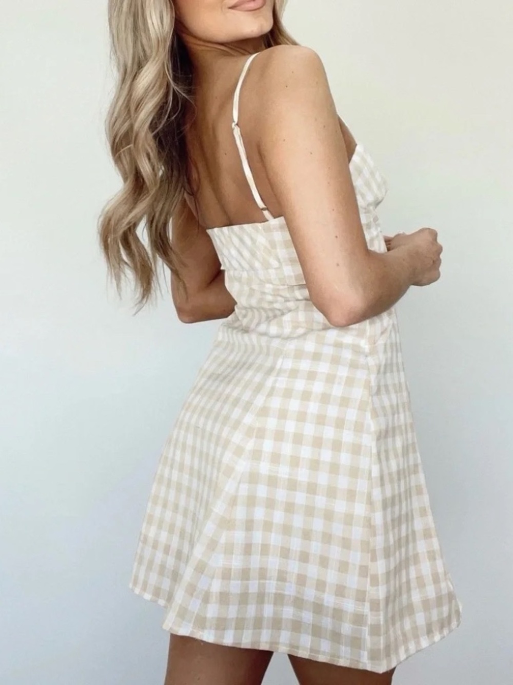 New Promesa Gingham Sundress in Champagne Mini Flare Dress Size Medium NWT - Picture 6 of 6